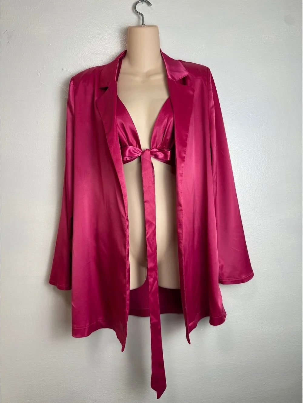 Women's Satin Fuchsia Two-Piece Set with Long Sleeve Jacket and Halter Top